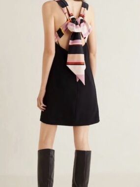 Mango Black Mini Dress with Striped Pink Bow Back Detail